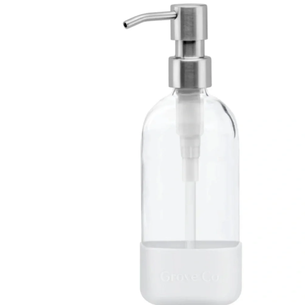 Grove Co. glass dish soap dispenser with square base and white silicone glove - Picture 1 of 1